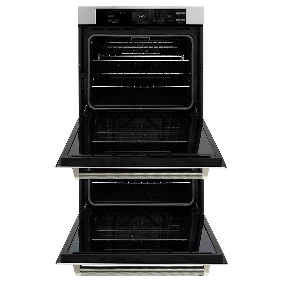 ZLINE Autograph Edition 30 in. Professional True Convection Double Wall Oven with Air Fry and Self Clean in Stainless Steel with Polished Nickel Helix Handles (WADZ-30-KPN)