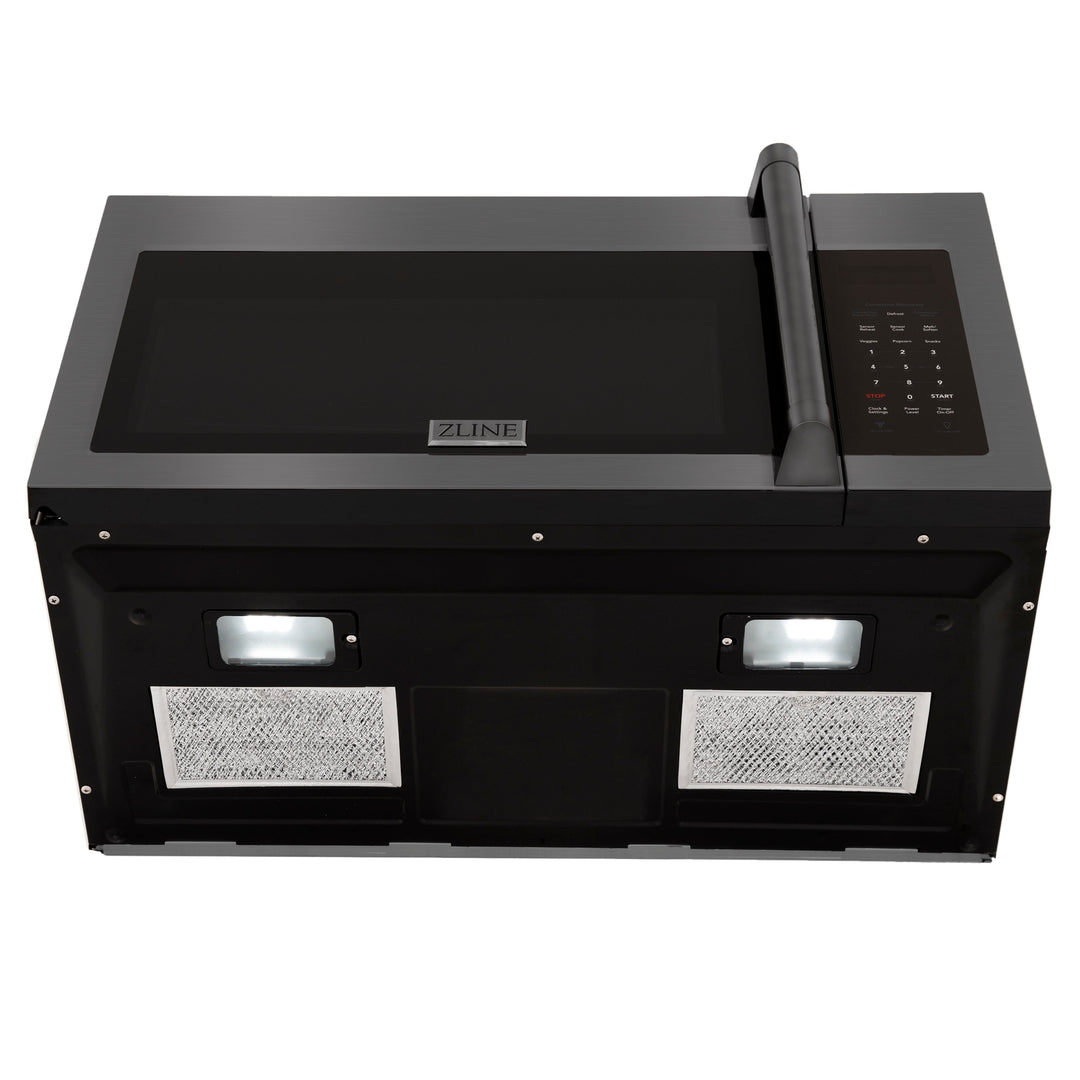 ZLINE 30" 1.5 cu. ft. Over the Range Microwave in Black Stainless Steel with Traditional Handle and Set of 2 Charcoal Filters, MWO-OTRCFH-30-BS