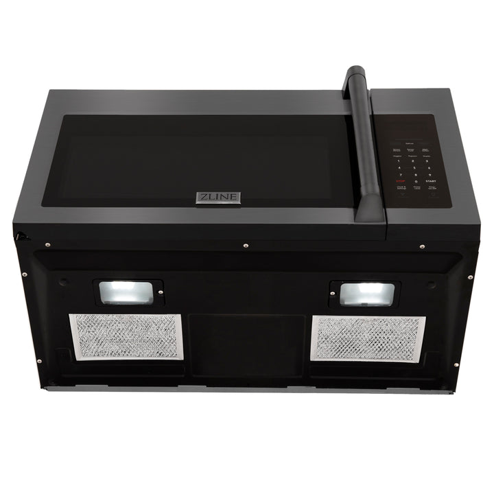 ZLINE 30" 1.5 cu. ft. Over the Range Microwave in Black Stainless Steel with Traditional Handle and Set of 2 Charcoal Filters, MWO-OTRCFH-30-BS