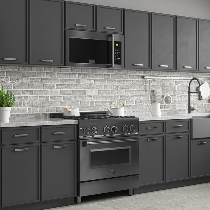 ZLINE 30" 1.5 cu. ft. Over the Range Microwave in Black Stainless Steel with Traditional Handle and Set of 2 Charcoal Filters, MWO-OTRCFH-30-BS