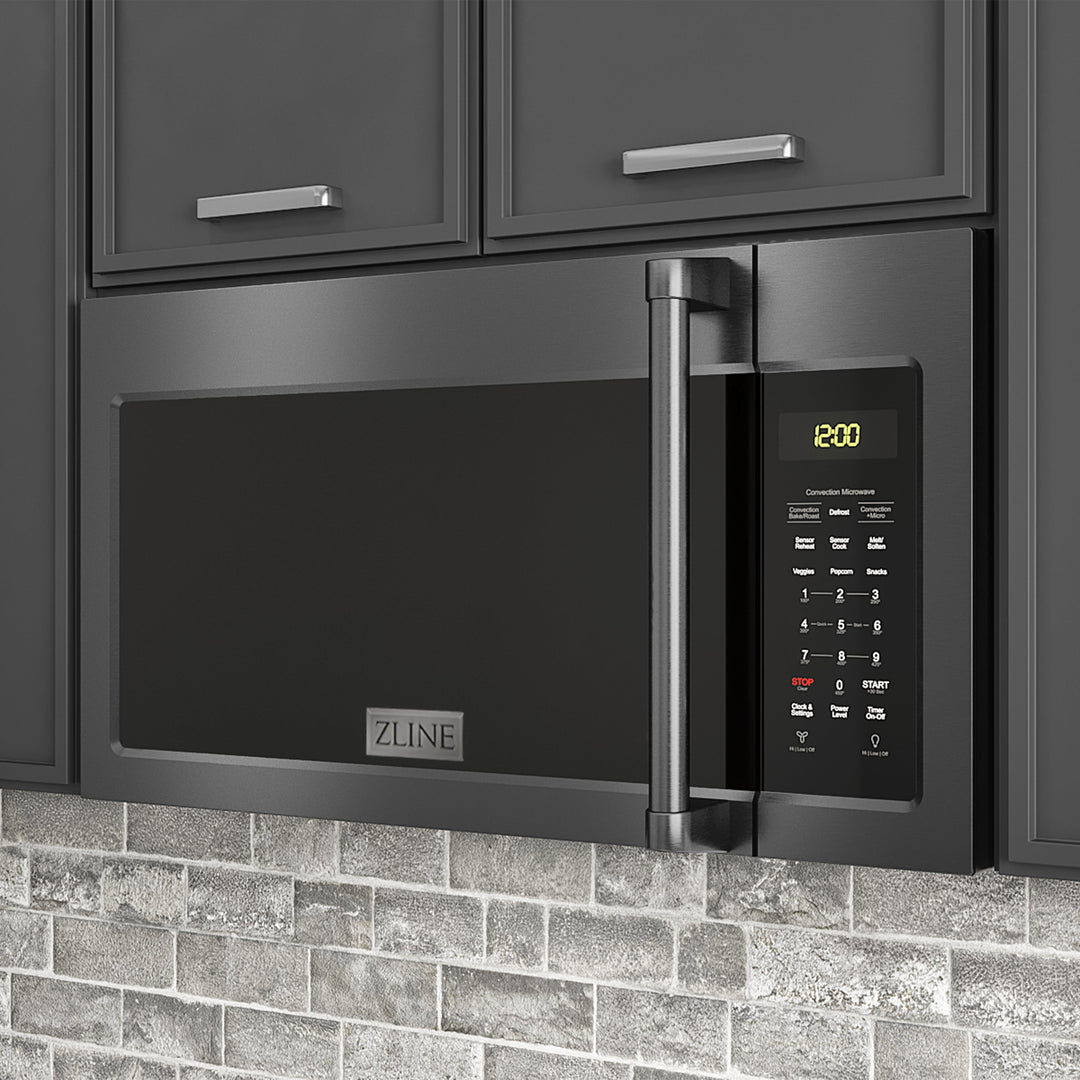 ZLINE 30" 1.5 cu. ft. Over the Range Microwave in Black Stainless Steel with Traditional Handle and Set of 2 Charcoal Filters, MWO-OTRCFH-30-BS