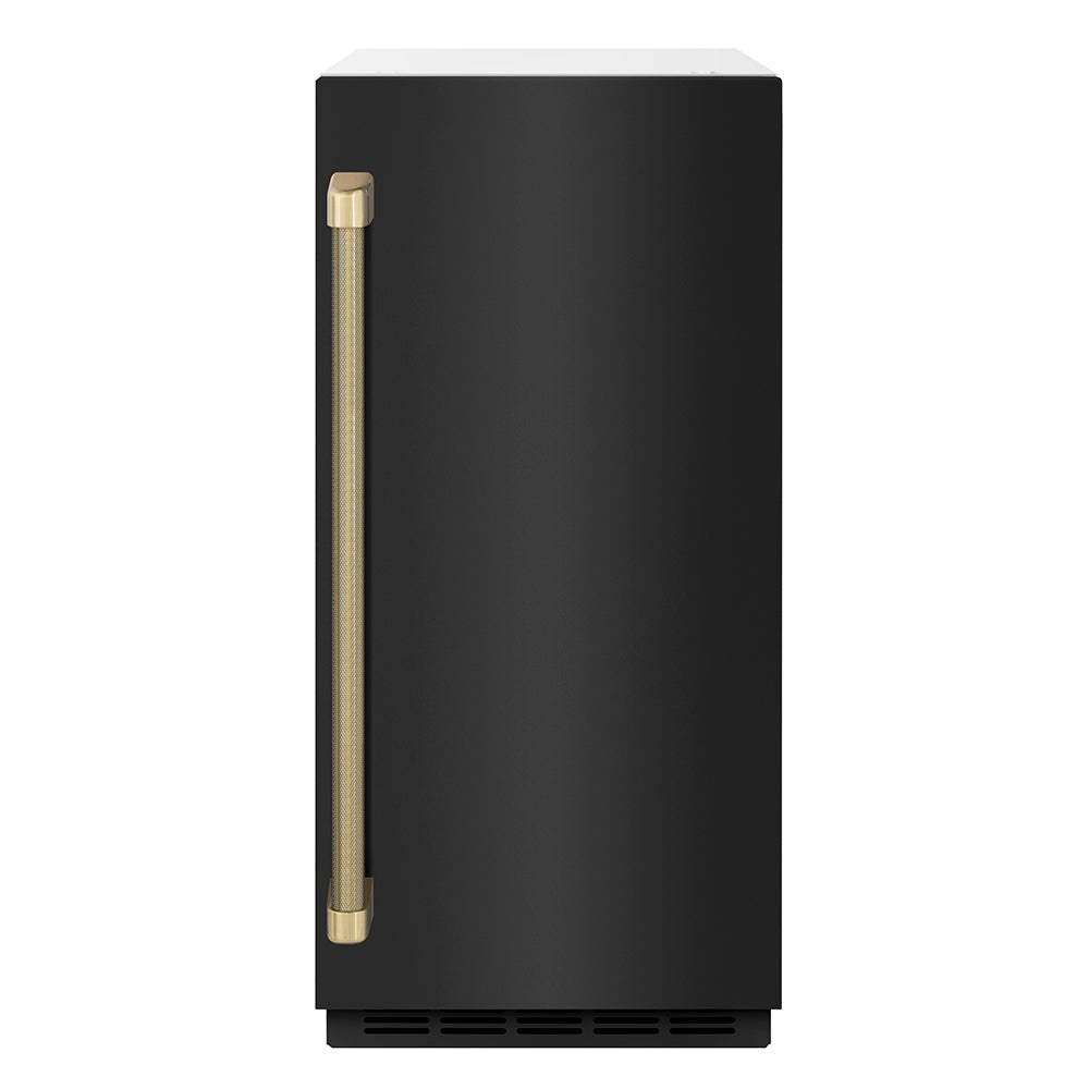 ZLINE Autograph Edition 15 in. Touchstone Gourmet Ice Maker with Drain Pump and Black Stainless Steel Door with Champagne Bronze Helix Handle (IGMDZ-BS-15-KCB)
