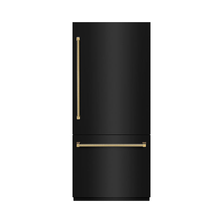 ZLINE Autograph Edition 36 in. 19.8 cu. ft. Built-In Bottom Freezer Refrigerator with Water Dispenser and Ice Maker in Black Stainless Steel with Graphite Gray Interior and Polished Gold Helix Handles (GRBITZ-BS36-KG)