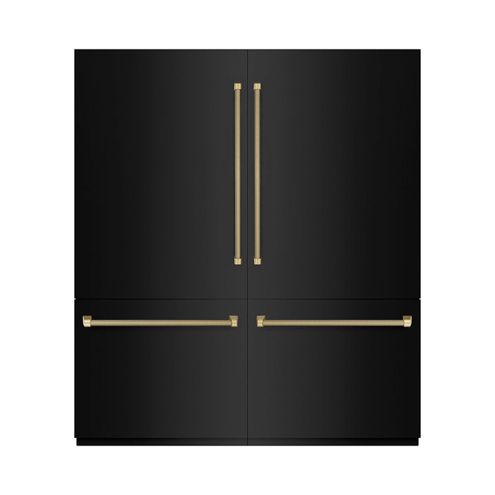 ZLINE Autograph Edition 72 in. 39.6 cu. ft. French Door Built-In Bottom Freezer Refrigerator with Water Dispensers and Ice Makers in Black Stainless Steel with Graphite Gray Interior and Champagne Bronze Helix Handles (GRBITZ-BS72-KCB)