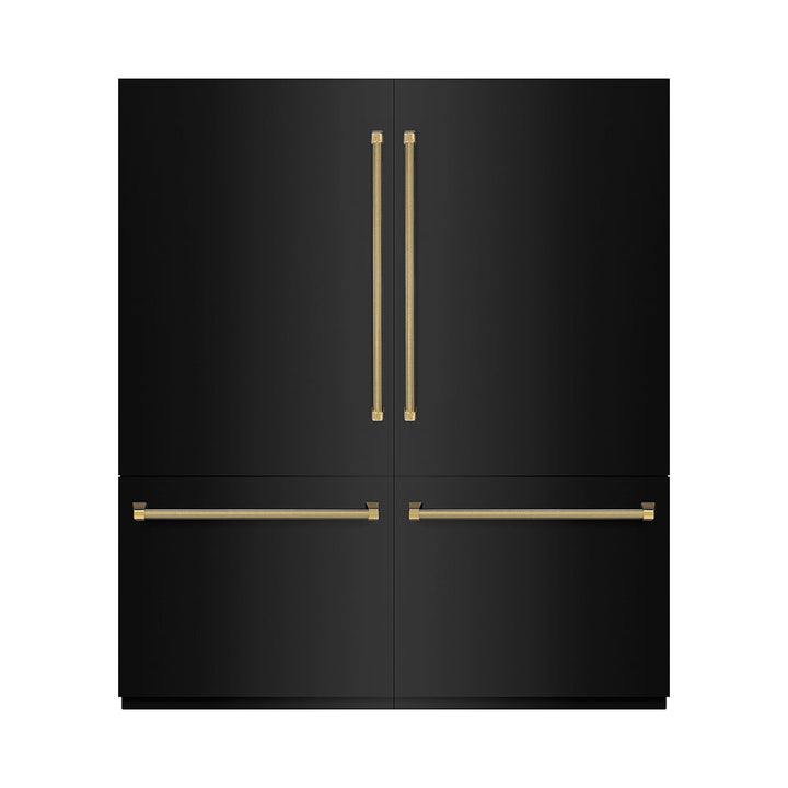 ZLINE Autograph Edition 72 in. 39.6 cu. ft. French Door Built-In Bottom Freezer Refrigerator with Water Dispensers and Ice Makers in Black Stainless Steel with Graphite Gray Interior and Polished Gold Helix Handles (GRBITZ-BS-72-KG)