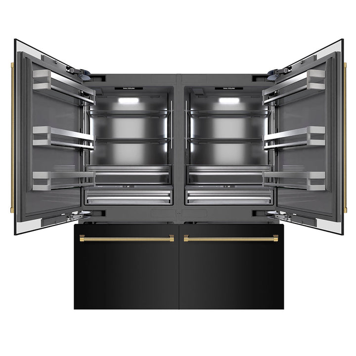 ZLINE Autograph Edition 72 in. 39.6 cu. ft. French Door Built-In Bottom Freezer Refrigerator with Water Dispensers and Ice Makers in Black Stainless Steel with Graphite Gray Interior and Polished Gold Helix Handles (GRBITZ-BS-72-KG)