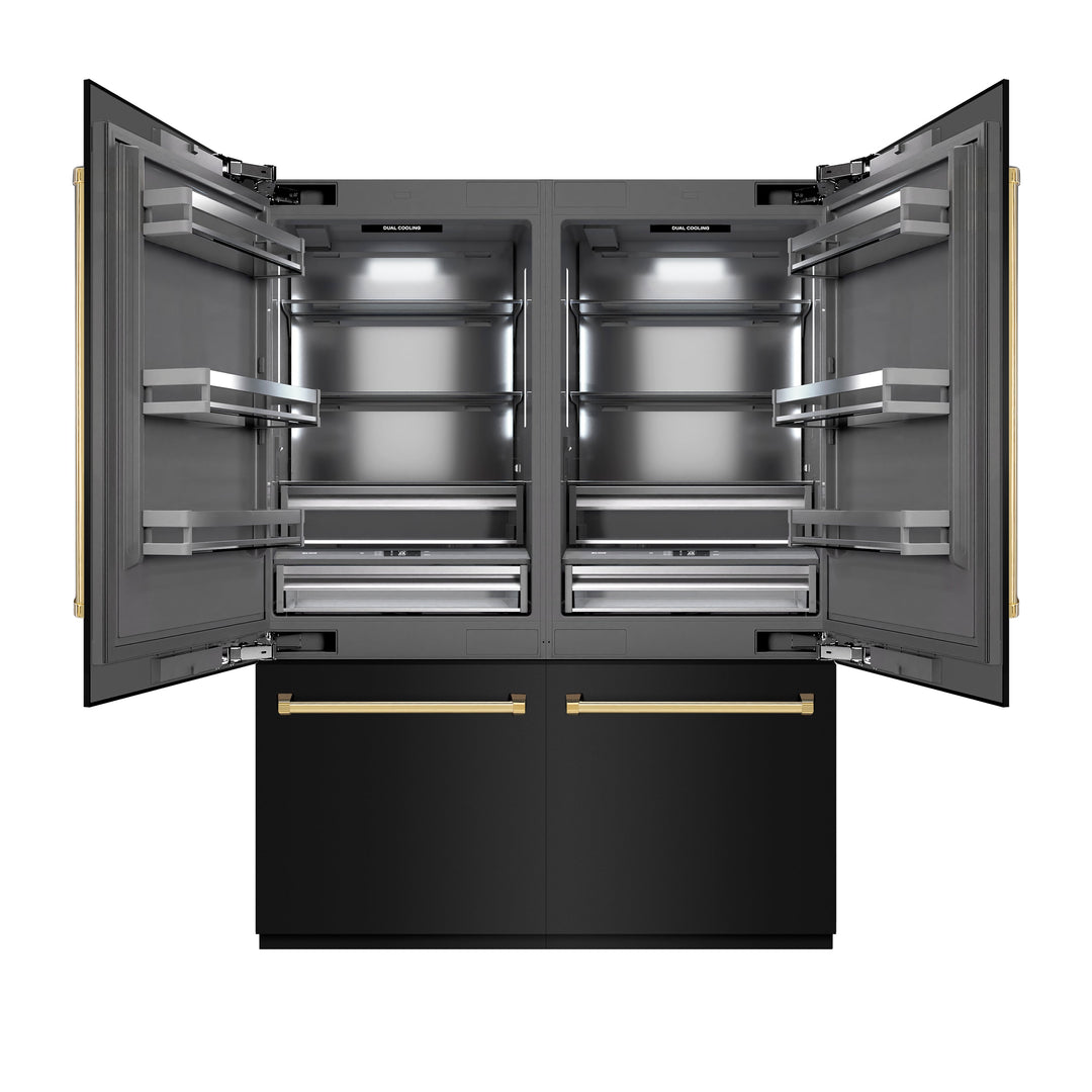 ZLINE Autograph Edition 60 in. 32.2 cu. ft. French Door Built-In Bottom Freezer Refrigerator with Water Dispenser and Ice Maker in Black Stainless Steel with Graphite Gray Interior and Polished Gold Accents (GRBIVZ-BS-60-G)