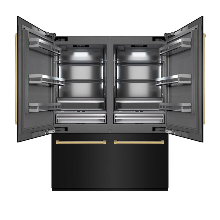 ZLINE Autograph Edition 60 in. 32.2 cu. ft. French Door Built-In Bottom Freezer Refrigerator with Water Dispenser and Ice Maker in Black Stainless Steel with Graphite Gray Interior and Polished Gold Accents (GRBIVZ-BS-60-G)