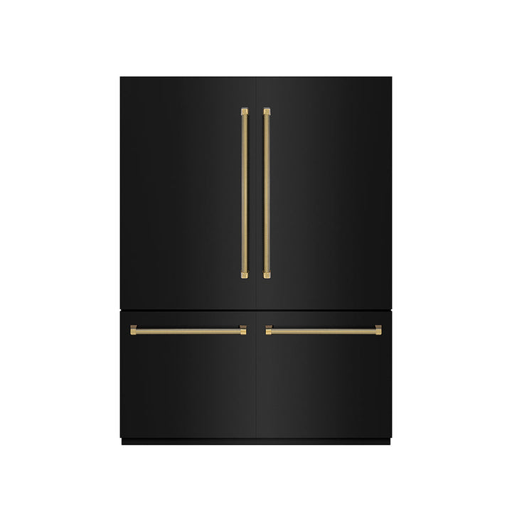 ZLINE Autograph Edition 60 in. 32.2 cu. ft. French Door Built-In Bottom Freezer Refrigerator with Water Dispenser and Ice Maker in Black Stainless Steel with Graphite Gray Interior and Polished Gold Helix Handles (GRBIVZ-BS60KG)