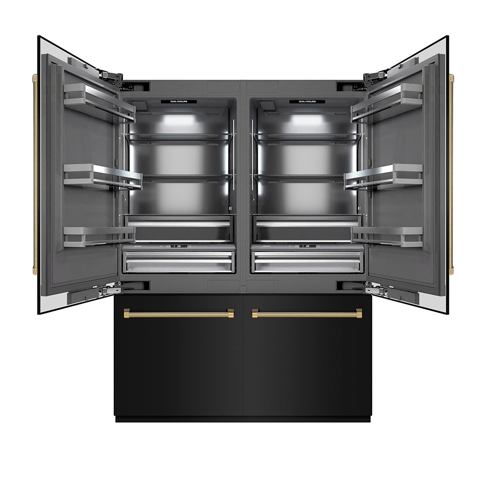 ZLINE Autograph Edition 60 in. 32.2 cu. ft. French Door Built-In Bottom Freezer Refrigerator with Water Dispenser and Ice Maker in Black Stainless Steel with Graphite Gray Interior and Polished Gold Helix Handles (GRBIVZ-BS60KG)