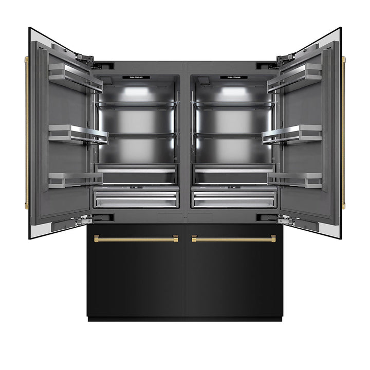 ZLINE Autograph Edition 60 in. 32.2 cu. ft. French Door Built-In Bottom Freezer Refrigerator with Water Dispenser and Ice Maker in Black Stainless Steel with Graphite Gray Interior and Polished Gold Helix Handles (GRBIVZ-BS60KG)