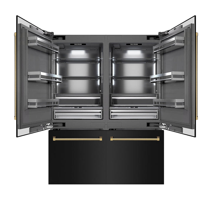 ZLINE Autograph Edition 60 in. 32.2 cu. ft. French Door Built-In Bottom Freezer Refrigerator with Water Dispenser and Ice Maker in Black Stainless Steel with Graphite Gray Interior and Polished Gold Helix Handles (GRBIVZ-BS60KG)