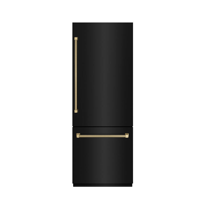 ZLINE Autograph Edition 30 in. 16.1 cu. ft. Built-In Bottom Freezer Refrigerator with Water Dispenser and Ice Maker in Black Stainless Steel with Graphite Gray Interior and Champagne Bronze Helix Handles (GRBIVZ-BS30KCB)