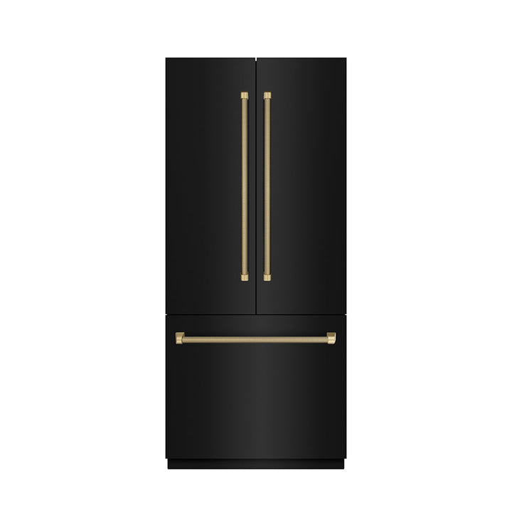 ZLINE Autograph Edition 36 in. 19.6 cu. ft. French Door Built-In Bottom Freezer Refrigerator with Water Dispenser and Ice Maker in Black Stainless Steel with Graphite Gray Interior and Champagne Bronze Helix Handles (GRBIVZ-BS36KCB)