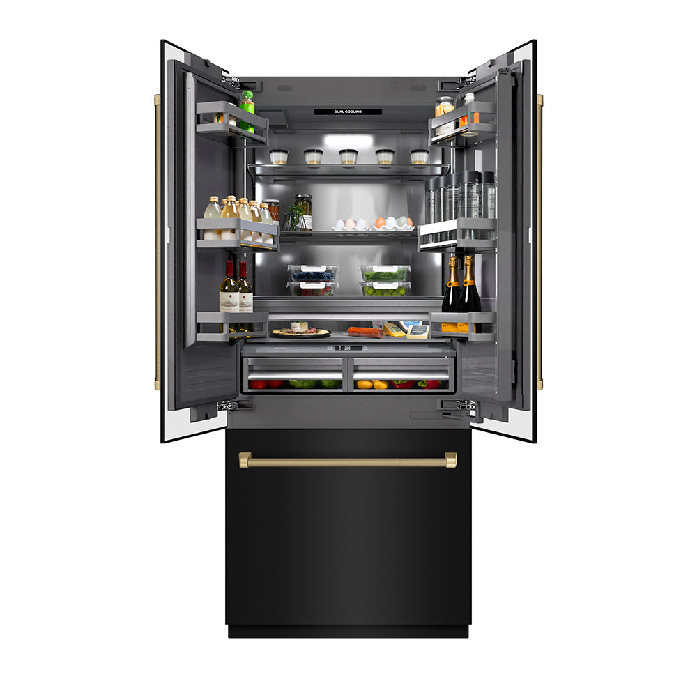 ZLINE Autograph Edition 36 in. 19.6 cu. ft. French Door Built-In Bottom Freezer Refrigerator with Water Dispenser and Ice Maker in Black Stainless Steel with Graphite Gray Interior and Champagne Bronze Helix Handles (GRBIVZ-BS36KCB)