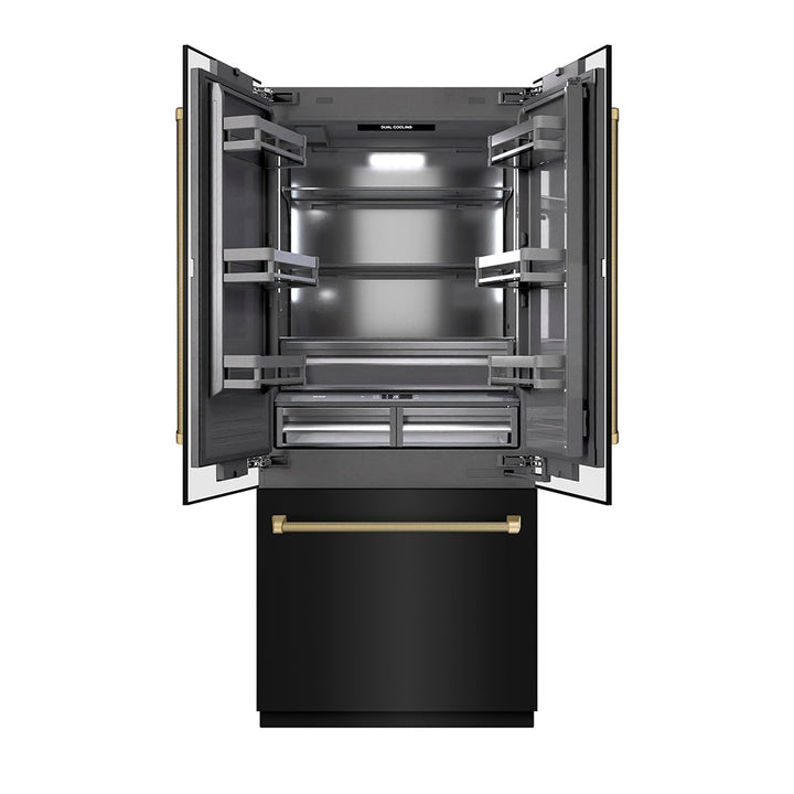 ZLINE Autograph Edition 36 in. 19.6 cu. ft. French Door Built-In Bottom Freezer Refrigerator with Water Dispenser and Ice Maker in Black Stainless Steel with Graphite Gray Interior and Champagne Bronze Helix Handles (GRBIVZ-BS36KCB)