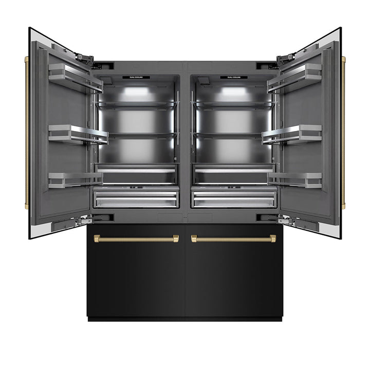 ZLINE Autograph Edition 60 in. 32.2 cu. ft. French Door Built-In Bottom Freezer Refrigerator with Water Dispenser and Ice Maker in Black Stainless Steel with Graphite Gray Interior and Champagne Bronze Helix Handles (GRBIVZ-BS60KCB)