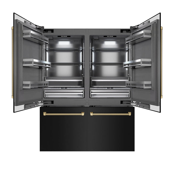 ZLINE Autograph Edition 60 in. 32.2 cu. ft. French Door Built-In Bottom Freezer Refrigerator with Water Dispenser and Ice Maker in Black Stainless Steel with Graphite Gray Interior and Champagne Bronze Helix Handles (GRBIVZ-BS60KCB)