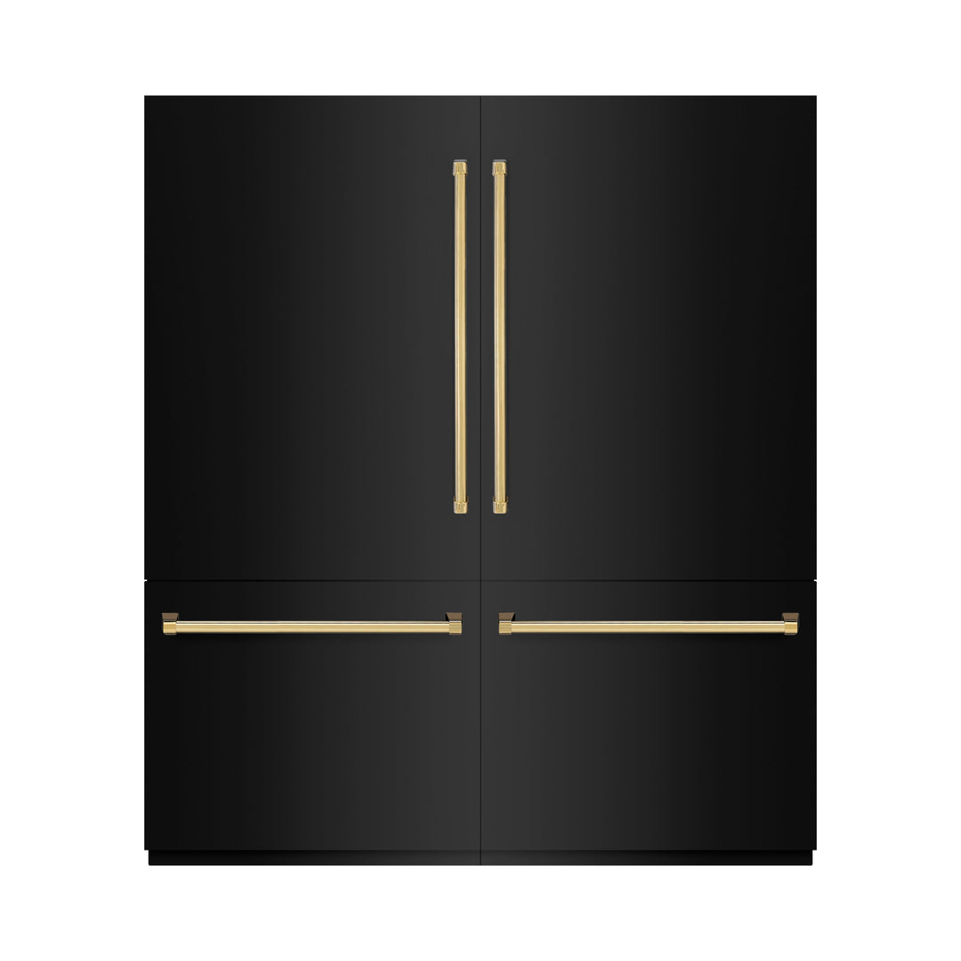 ZLINE Autograph Edition 72 in. 39.6 cu. ft. French Door Built-In Bottom Freezer Refrigerator with Water Dispensers and Ice Makers in Black Stainless Steel and Polished Gold Accents (RBITZ-BS-72-G)