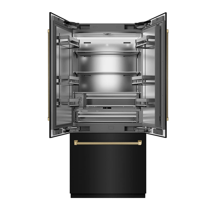 ZLINE Autograph Edition 36 in. 19.6 cu. ft. French Door Built-In Bottom Freezer Refrigerator with Water Dispenser and Ice Maker in Black Stainless Steel with Stainless Steel Interior and Champagne Bronze Helix Handles (SRBIVZ-BS36KCB)