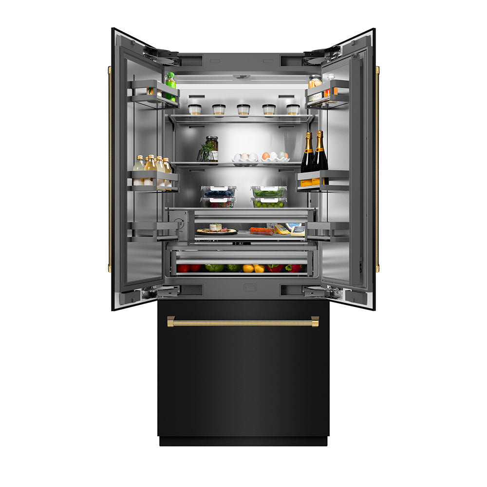 ZLINE Autograph Edition 36 in. 19.6 cu. ft. French Door Built-In Bottom Freezer Refrigerator with Water Dispenser and Ice Maker in Black Stainless Steel with Stainless Steel Interior and Polished Gold Helix Handles (SRBIVZ-BS36KG)