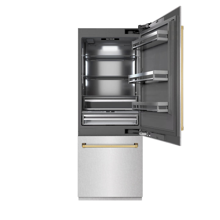 ZLINE Autograph Edition 30 in. 16.1 cu. ft. Built-In Bottom Freezer Refrigerator with Water Dispenser and Ice Maker in Satin Stainless Steel with Graphite Gray Interior and Polished Gold Accents (GRBIVZ-SN-30-G)