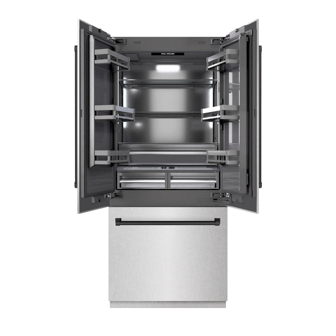 ZLINE Autograph Edition 36 in. 19.6 cu. ft. French Door Built-In Bottom Freezer Refrigerator with Water Dispenser and Ice Maker in Satin Stainless Steel with Graphite Gray Interior and Matte Black Accents (GRBIVZ-SN-36-MB)