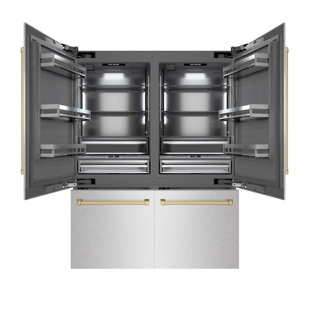 ZLINE Autograph Edition 60 in. 32.2 cu. ft. French Door Built-In Bottom Freezer Refrigerator with Water Dispenser and Ice Maker in Satin Stainless Steel with Graphite Gray Interior and Champagne Bronze Accents (GRBIVZ-SN-60-CB)