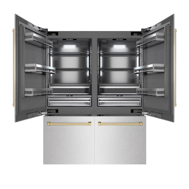 ZLINE Autograph Edition 60 in. 32.2 cu. ft. French Door Built-In Bottom Freezer Refrigerator with Water Dispenser and Ice Maker in Satin Stainless Steel with Graphite Gray Interior and Champagne Bronze Accents (GRBIVZ-SN-60-CB)