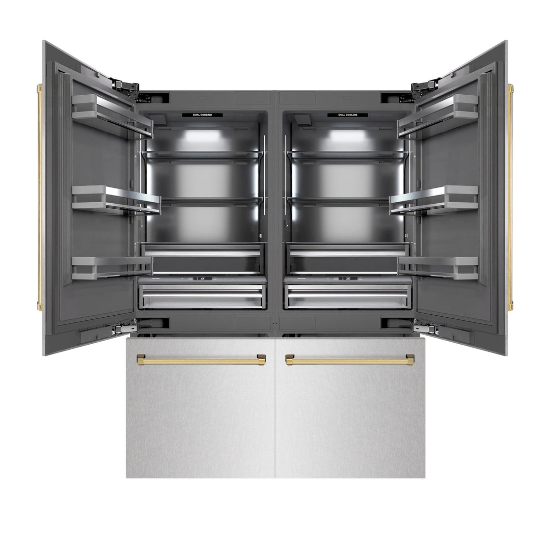 ZLINE Autograph Edition 60 in. 32.2 cu. ft. French Door Built-In Bottom Freezer Refrigerator with Water Dispenser and Ice Maker in Satin Stainless Steel with Graphite Gray Interior and Polished Gold Accents (GRBIVZ-SN-60-G)