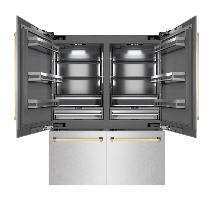 ZLINE Autograph Edition 60 in. 32.2 cu. ft. French Door Built-In Bottom Freezer Refrigerator with Water Dispenser and Ice Maker in Satin Stainless Steel with Graphite Gray Interior and Polished Gold Accents (GRBIVZ-SN-60-G)