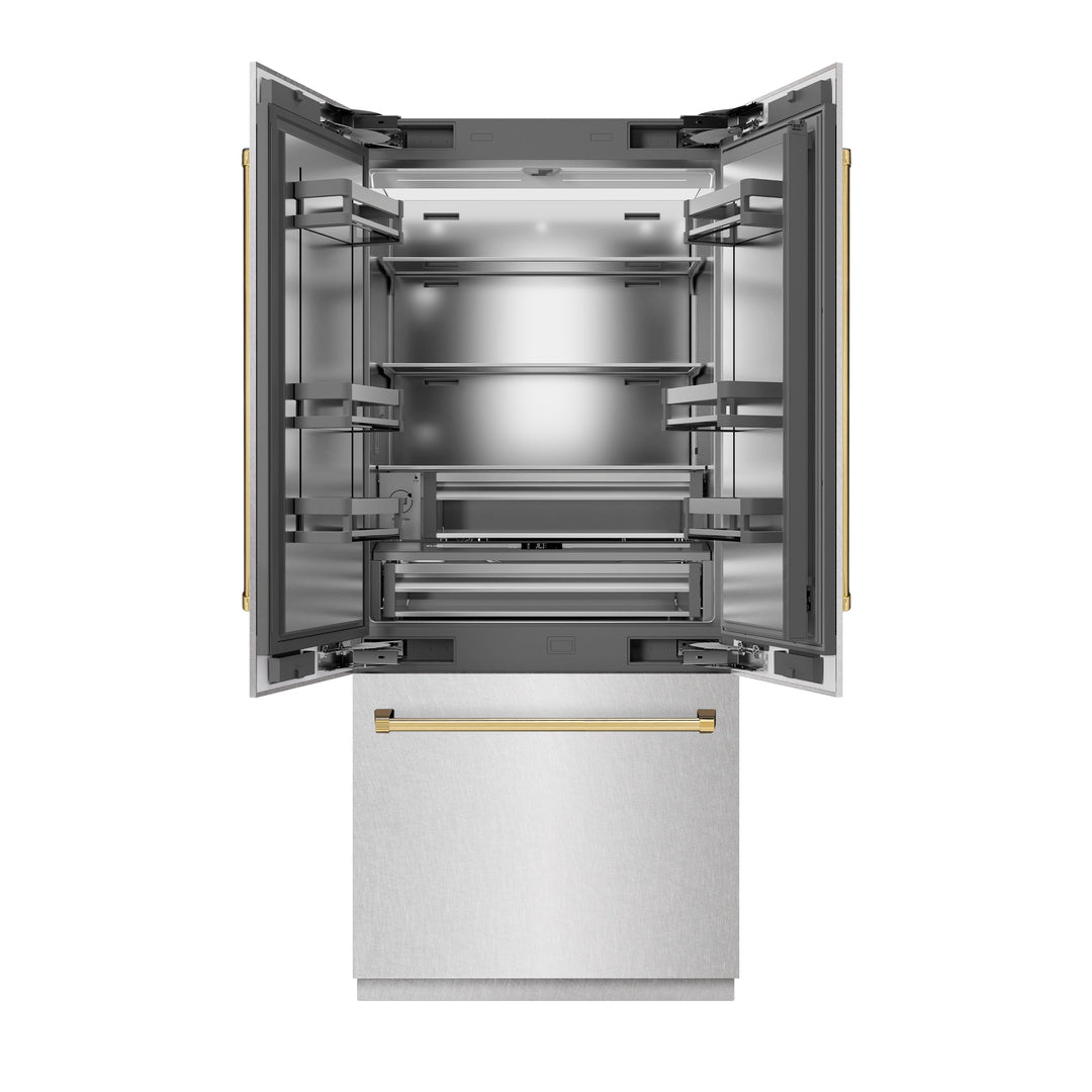 ZLINE Autograph Edition 36 in. 19.6 cu. ft. French Door Built-In Bottom Freezer Refrigerator with Water Dispenser and Ice Maker in Satin Stainless Steel with Stainless Steel Interior and Polished Gold Accents (SRBIVZ-SN-36-G)