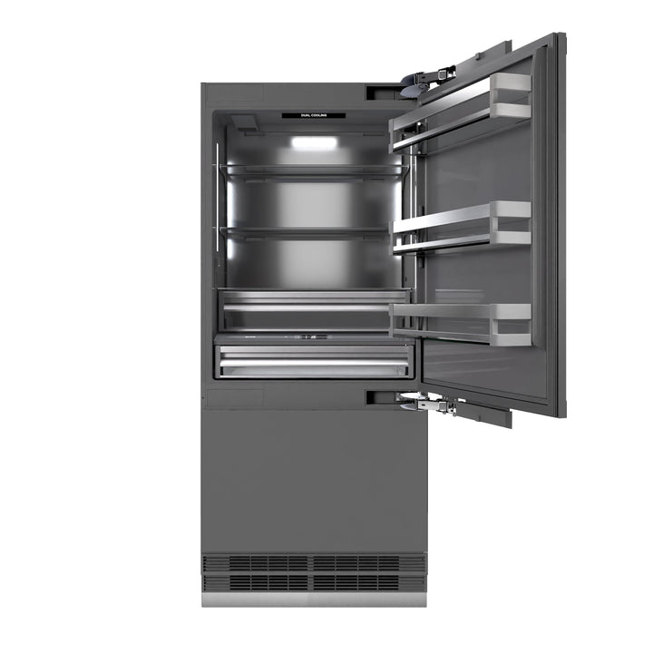 ZLINE Autograph Edition 36 in. 19.8 cu. ft. Panel Ready Built-In Bottom Freezer Refrigerator with Water Dispenser and Ice Maker with Graphite Gray Interior and Champagne Bronze Accents (GRBITZ-36-CB)