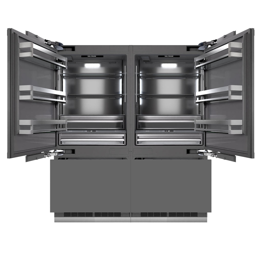 ZLINE Autograph Edition 72 in. 39.6 cu. ft. Panel Ready French Door Built-In Bottom Freezer Refrigerator with Water Dispensers and Ice Makers with Graphite Gray Interior and Polished Gold Accents (GRBITZ-72-G)