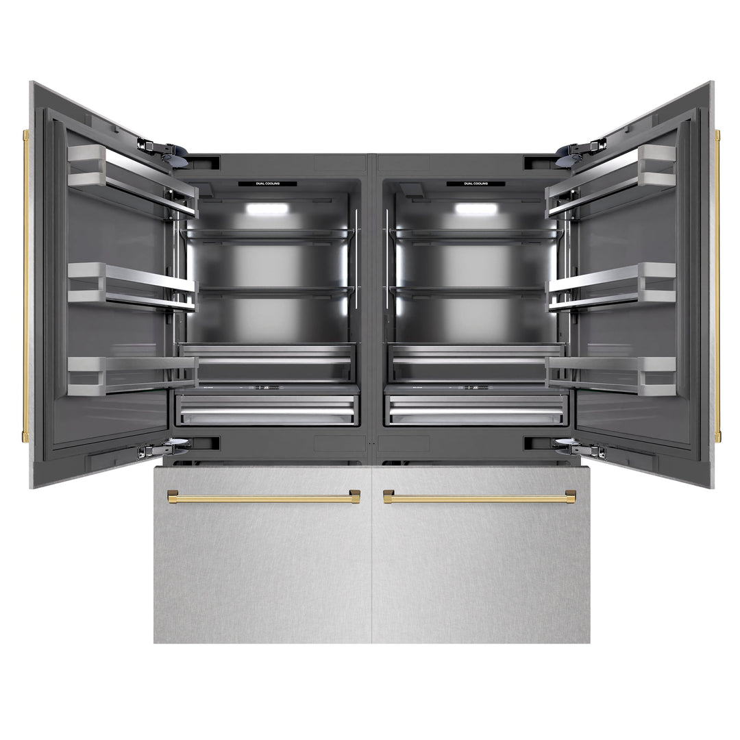 ZLINE Autograph Edition 72 in. 39.6 cu. ft. French Door Built-In Bottom Freezer Refrigerator with Water Dispensers and Ice Makers in Satin Stainless Steel with graphite Gray Interior and Polished Gold Accents (GRBITZ-SN-72-G)
