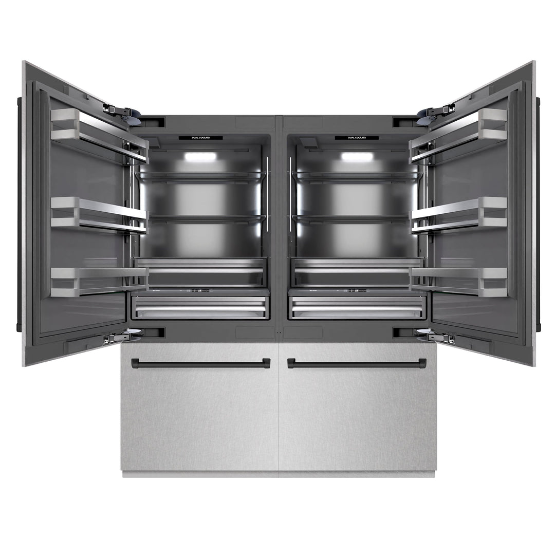 ZLINE Autograph Edition 72 in. 39.6 cu. ft. French Door Built-In Bottom Freezer Refrigerator with Water Dispensers and Ice Makers in Satin Stainless Steel with Graphite Gray Interior and Matte Black Accents (GRBITZ-SN-72-MB)