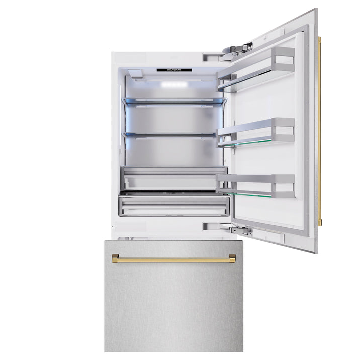ZLINE Autograph Edition 36 in. 19.8 cu. ft. Built-In Bottom Freezer Refrigerator with Water Dispenser and Ice Maker in Satin Stainless Steel and Polished Gold Accents (RBITZ-SN-36-G)