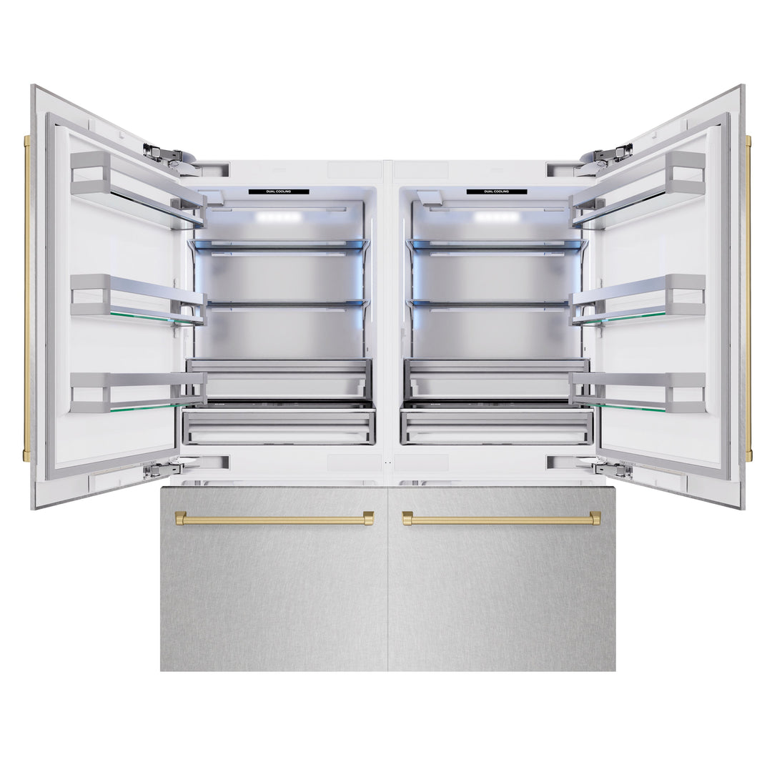 ZLINE Autograph Edition 72 in. 39.6 cu. ft. French Door Built-In Bottom Freezer Refrigerator with Water Dispensers and Ice Makers in Satin Stainless Steel and Champagne Bronze Accents (RBITZ-SN-72-CB)