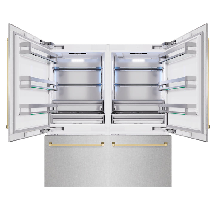 ZLINE Autograph Edition 72 in. 39.6 cu. ft. French Door Built-In Bottom Freezer Refrigerator with Water Dispensers and Ice Makers in Satin Stainless Steel and Champagne Bronze Accents (RBITZ-SN-72-CB)