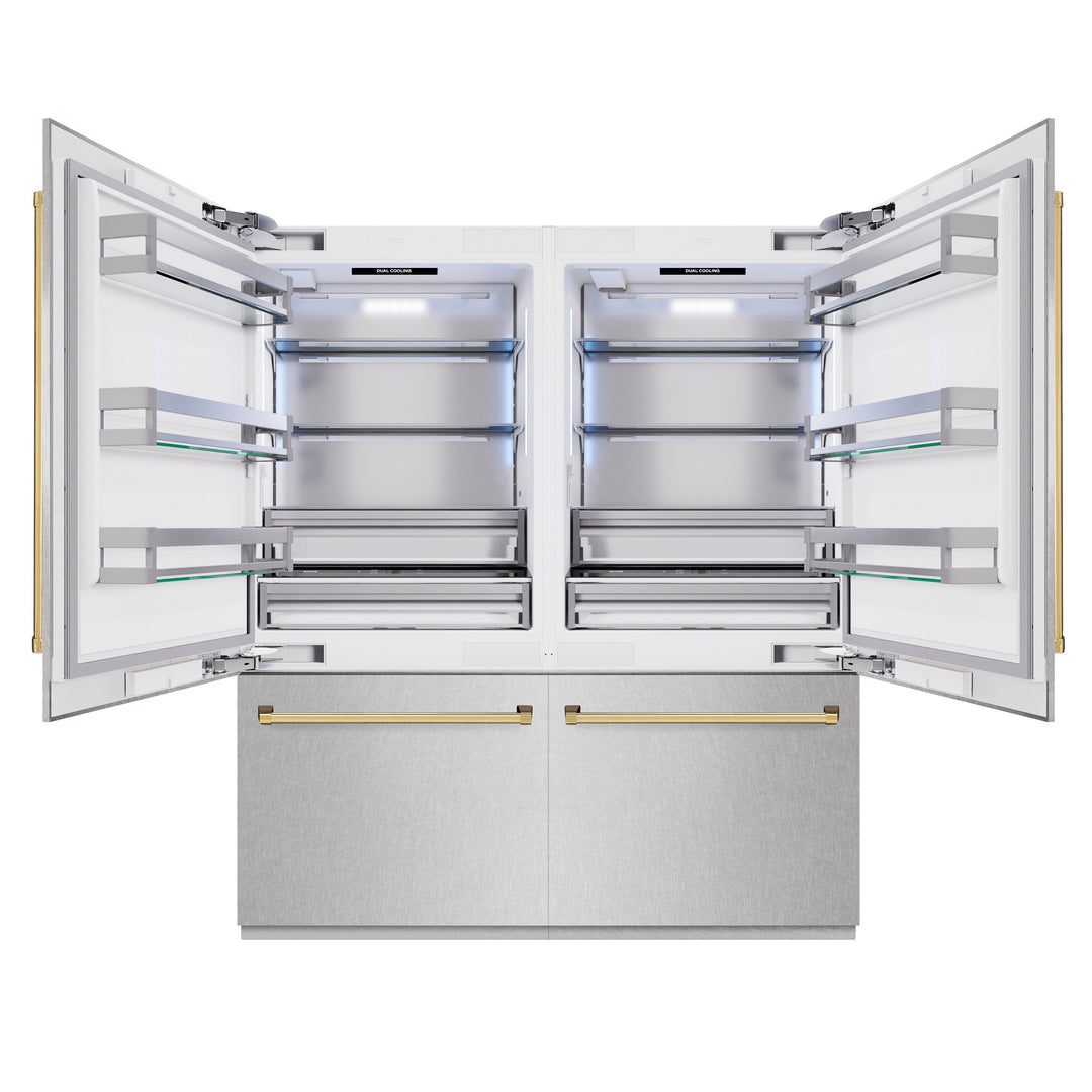 ZLINE Autograph Edition 72 in. 39.6 cu. ft. French Door Built-In Bottom Freezer Refrigerator with Water Dispensers and Ice Makers in Satin Stainless Steel and Polished Gold Accents (RBITZ-SN-72-G)
