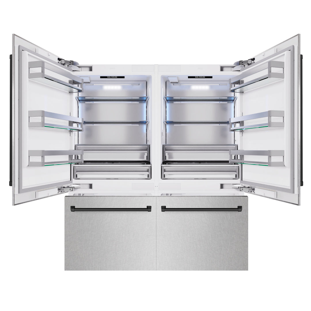 ZLINE Autograph Edition 72 in. 39.6 cu. ft. French Door Built-In Bottom Freezer Refrigerator with Water Dispensers and Ice Makers in Satin Stainless Steel and Matte Black Accents (RBITZ-SN-72-MB)