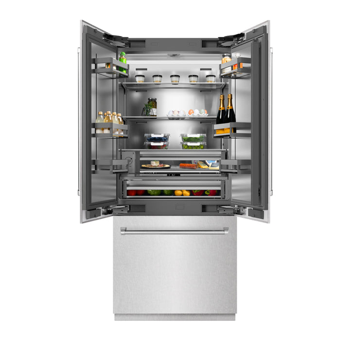 ZLINE 36 in. 19.6 cu. ft. French Door Built-In Bottom Freezer Refrigerator with Water Dispenser and Ice Maker in Satin Stainless Steel with Stainless Steel Interior (SRBIV-SN-36)