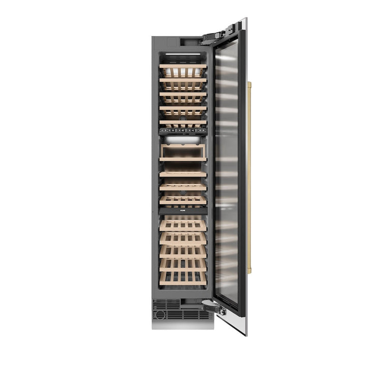 ZLINE Autograph Edition 18 in. 9.0 cu. ft. Triple Zone 68 Bottle Right Hinge Column Wine Cooler in Stainless Steel with Champagne Bronze Accents (RCWVRZ-30418-CB)