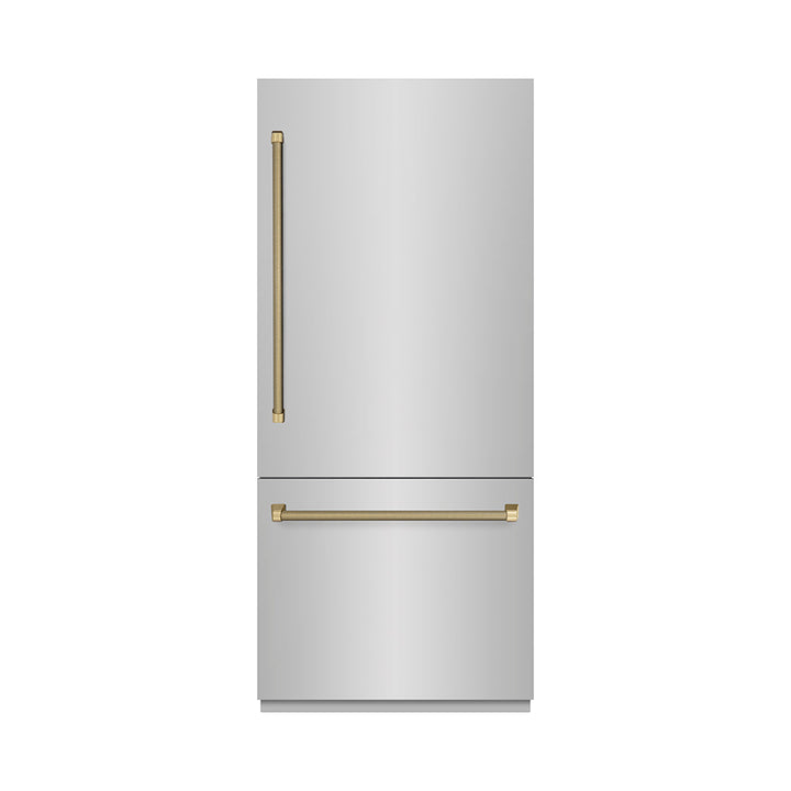 ZLINE Autograph Edition 36 in. 19.8 cu. ft. Built-In Bottom Freezer Refrigerator with Water Dispenser and Ice Maker in Stainless Steel with Graphite Gray Interior and Champagne Bronze Helix Handles (GRBITZ-30436KCB)