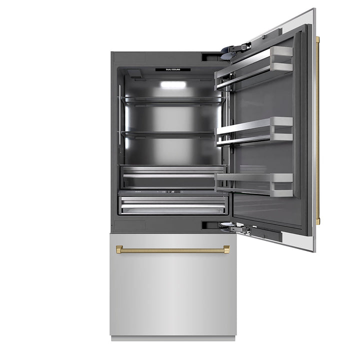 ZLINE Autograph Edition 36 in. 19.8 cu. ft. Built-In Bottom Freezer Refrigerator with Water Dispenser and Ice Maker in Stainless Steel with Graphite Gray Interior and Champagne Bronze Helix Handles (GRBITZ-30436KCB)