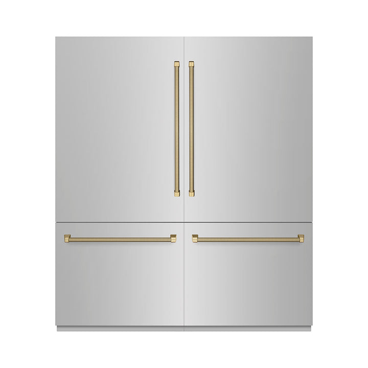 ZLINE Autograph Edition 72 in. 39.6 cu. ft. French Door Built-In Bottom Freezer Refrigerator with Water Dispensers and Ice Makers in Stainless Steel with Graphite Gray Interior and Champagne Bronze Helix Handles (GRBITZ-30472KCB)