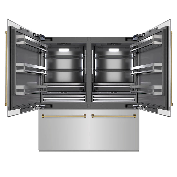 ZLINE Autograph Edition 72 in. 39.6 cu. ft. French Door Built-In Bottom Freezer Refrigerator with Water Dispensers and Ice Makers in Stainless Steel with Graphite Gray Interior and Polished Gold Helix Handles (GRBITZ-30472KG)