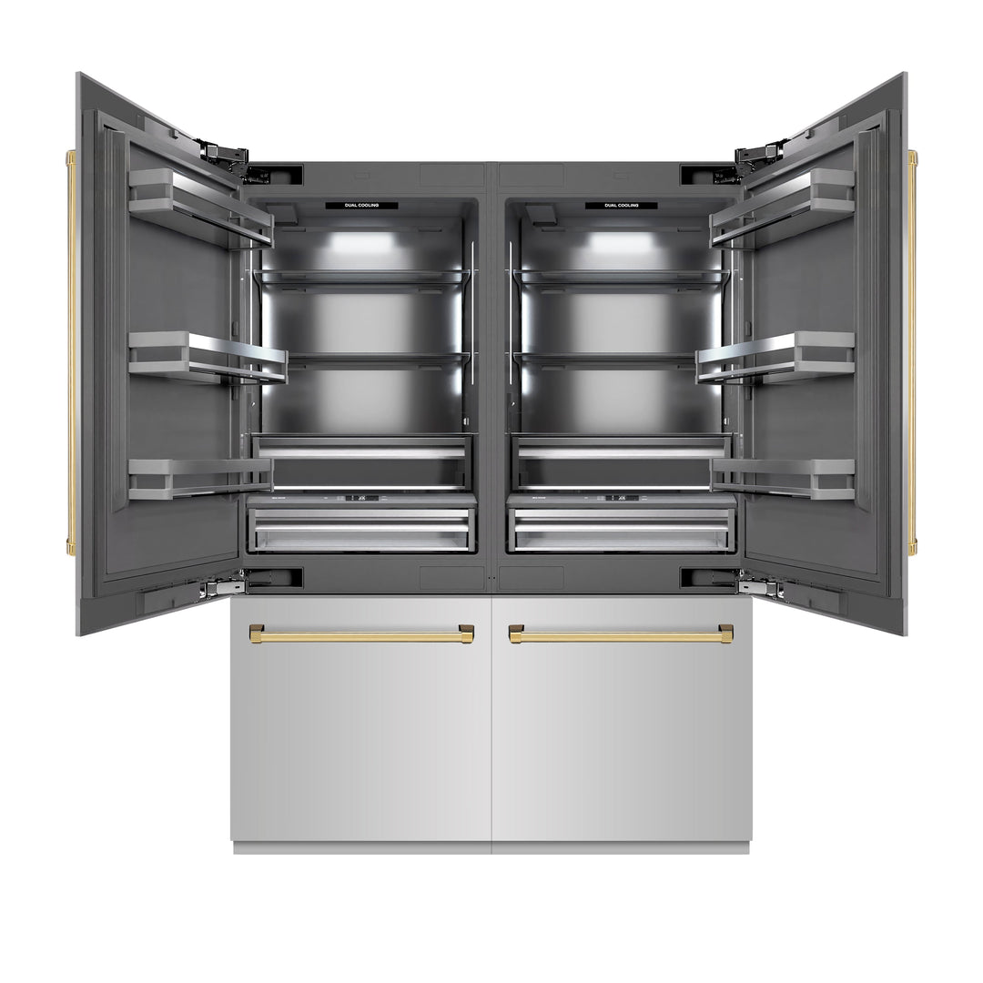 ZLINE Autograph Edition 60 in. 32.2 cu. ft. French Door Built-In Bottom Freezer Refrigerator with Water Dispenser and Ice Maker in Stainless Steel with Graphite Gray Interior and Polished Gold Accents (GRBIVZ-304-60G)