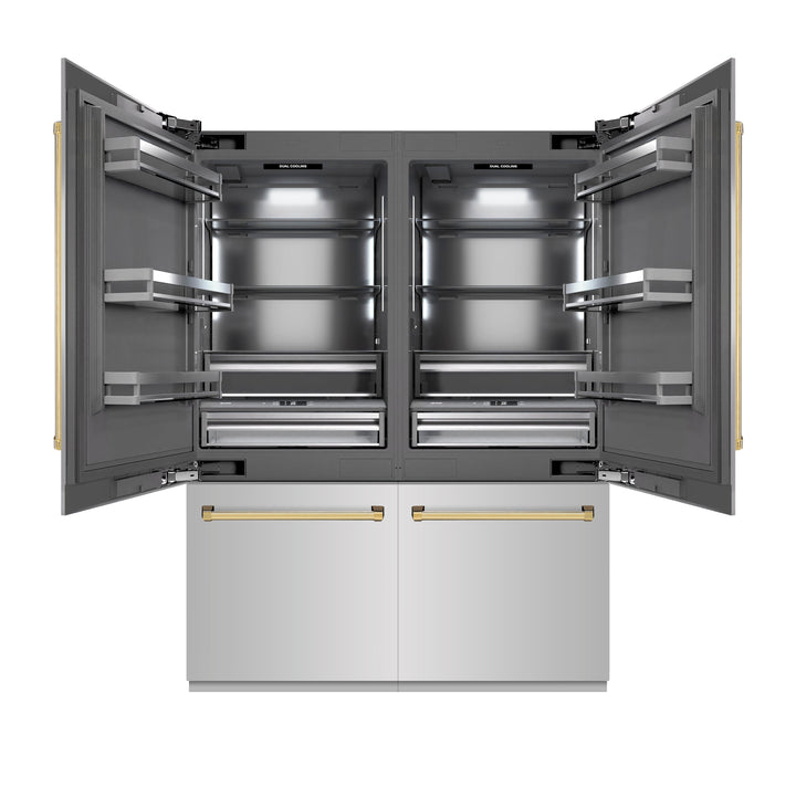 ZLINE Autograph Edition 60 in. 32.2 cu. ft. French Door Built-In Bottom Freezer Refrigerator with Water Dispenser and Ice Maker in Stainless Steel with Graphite Gray Interior and Polished Gold Accents (GRBIVZ-304-60G)