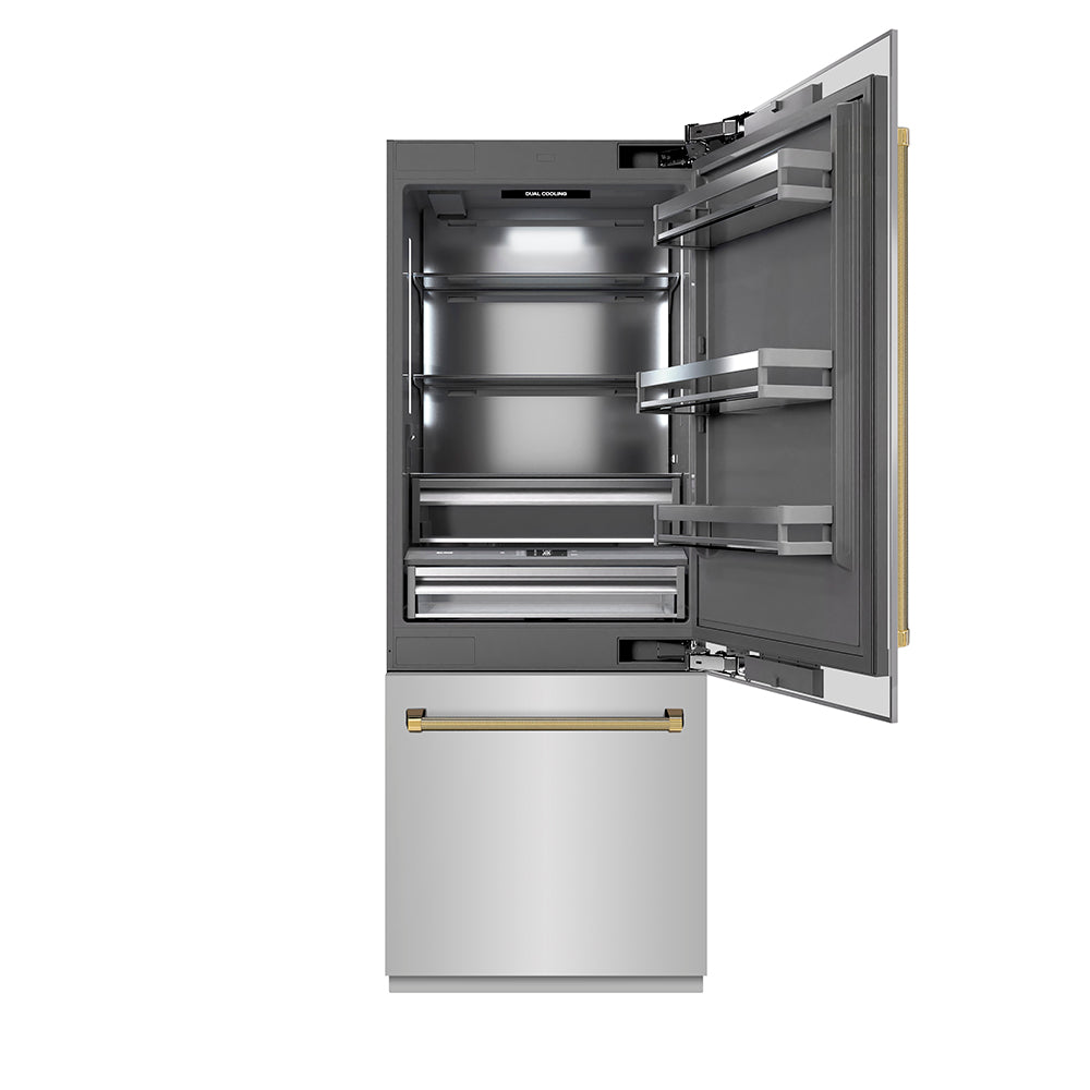 ZLINE Autograph Edition 30 in. 16.1 cu. ft. Built-In Bottom Freezer Refrigerator with Water Dispenser and Ice Maker in Stainless Steel with Graphite Gray Interior and Polished Gold Helix Handles (GRBIVZ-30430KG)